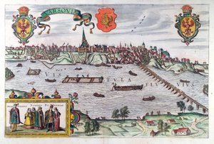 Mapa Warszawy, z "Civitates Orbis Terrarum" Georga Brauna (1541-1622) i Fransa Hogenberga (1535-90), 1599 r.
