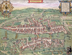 Mapa Zurychu z „Civitates Orbis Terrarum” Georga Brauna (1541-1622) i Fransa Hogenberga (1535-90) c.1572-1617