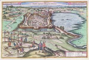 Węgierski fort Papa w czasie osmańskich oblężeń, z „Le Theatre du Monde” Georga Brauna (1541-1622) opublikowany w Kolonii 1572-1618, 1617 autorstwa Joris Hoefnagel