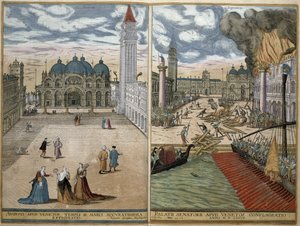 Widok na San Marco i Palazzo Ducale w ogniu, z "Civitates Orbis Terrarum" Georga Brauna (1541-1622) i Fransa Hogenberga (1535-90) 1578 autorstwa Joris Hoefnagel