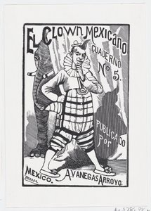 Klaun stojący z jedną ręką na biodrze i słoń spoglądający z tyłu..., ok. godz. 1880-1910. autorstwa José Guadalupe Posada