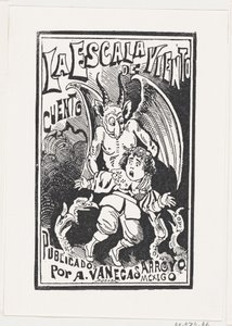 Demon trzymający za ramiona młodego chłopca nad grupą sępów, ilustr..., ok. godz. 1880-1910. autorstwa José Guadalupe Posada
