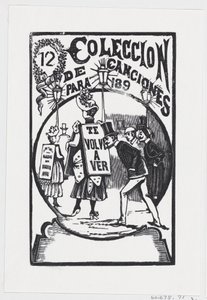 Mężczyzna schyla się, by spojrzeć na kobietę ze znakiem na plecach, ilustracja do „…, ca. 1890. autorstwa José Guadalupe Posada