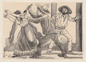 Mężczyzna chwyta kobietę za rękaw i dźga ją nożem z burty zatytułowanej „Murd…”, 1891. autorstwa José Guadalupe Posada