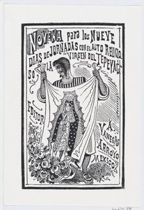 Mężczyzna trzymający kawałek materiału z wizerunkiem Matki Boskiej, ilustracja do ..., ca. 1880-1910. autorstwa José Guadalupe Posada