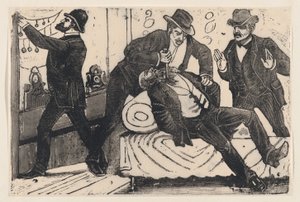 Mężczyzna wbija nożem innego mężczyznę w klatkę piersiową, podczas gdy jego współpracownicy plądrują sklep, z..., ca. 1890-1891. autorstwa José Guadalupe Posada