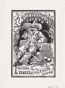 Mężczyzna z bronią i fajką w ustach, po bokach dwa szkielety, ilustracja..., ca. 1880-1910. autorstwa José Guadalupe Posada