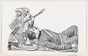 Rewolucjonista trzymający strzelbę i klęczący w obronie poległego rewolucjonisty, ok..., ca. 1880-1910. autorstwa José Guadalupe Posada