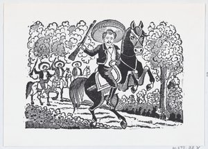 Rewolucyjny żołnierz na koniu z karabinem Heraclio Bernal, ca. 1880-1910., ca. 1880-1910. autorstwa José Guadalupe Posada