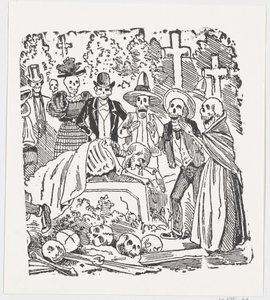 Szkielet przykryty prześcieradłem płaczący na cmentarzu, z burty zatytułowanej „…, ca. 1880-1910. autorstwa José Guadalupe Posada
