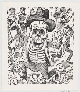 Szkielet trzymający kość i przeskakujący stos czaszek, podczas gdy ludzie uciekają, fr..., ok. godz. 1907. autorstwa José Guadalupe Posada