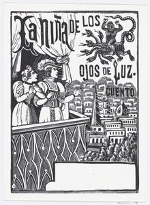 Kobieta i mężczyzna stojący na balkonie patrzący w górę na lecącego potwora na niebie..., ca. 1880-1910. autorstwa José Guadalupe Posada