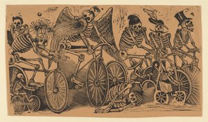 Szkielety kalaveras jeżdżące na rowerach, ca. 1900 r., ok. 1900 r. 1900. autorstwa José Guadalupe Posada
