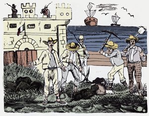 Rewolucja Meksykańska (1910-1920): Grupy więźniów przy pracy przymusowej - ksylografia Jose Guadalupe Posada (1852-1913) autorstwa José Guadalupe Posada