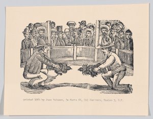 Dwóch mężczyzn na arenie trzymających koguty w przygotowaniu do walki, spe..., ok. 1890-1910 przedruk 1964. autorstwa José Guadalupe Posada