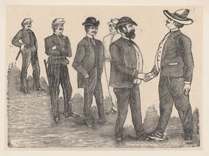 Dwóch mężczyzn ściskających sobie ręce na pierwszym planie i oficerów obserwujących ich w tle..., ok. godz. 1880-1910. autorstwa José Guadalupe Posada