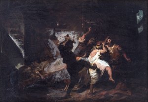 Scene extraite de Don Quichotte de Cervantes - Scena z Don Kichota z Manchy autorstwa M. de Cervantesa, autorstwa Jimeneza Arandy, Jose (1837-1903). olej na płótnie