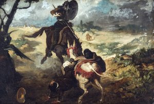 Scene extraite de Don Quichotte de Cervantes - Scena z Don Kichota z Manchy autorstwa M. de Cervantesa, autorstwa Jimeneza Arandy, Jose (1837-1903). olej na płótnie