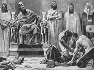 Sedekiasz zostaje oślepiony i zabrany do Babilonu, 586 r. p.n.e. (litografia) autorstwa Jose (after) Villegas y Cordero