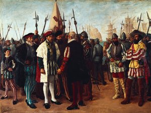 „Król francuski Franciszek I (1494-1547) w porcie Walencji” XIX wiek (obraz) autorstwa Jose Bru Albinana