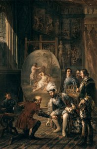 ""cesarz Karol V (1500-1558) podnoszący pędzel malarza Tiziano Vecellio powiedział Tycjan (1485-1576), malarz na dworze cesarza"" Obraz Jose Felipe Parra (1824-1864) XIX wiek Walencja , Museo de Bellas Artes San Pio V autorstwa Jose Felipe Parra