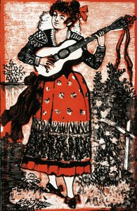 Okładka śpiewnika przedstawiającego meksykańską kobietę z gitarą. Grawerowanie Jose Guadalupe POSADA (1852-1913). Rytownictwo autorstwa José Guadalupe Posada