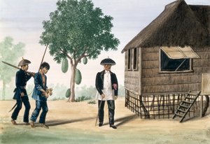 Więzień wyprowadzony przez policjanta i radnego, z „Albumu poglądów Flebusa w Manili i wokół niej”, c.1845