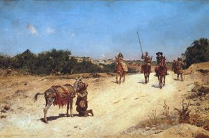 Spotkanie Sancho Pansy i jego osła Rucio, Ilustracja Don Kichota, ok. 1878 (olej na płótnie) autorstwa Jose Moreno Carbonero