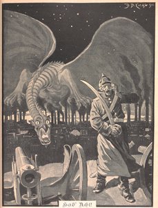 Rysunek do wiersza „Jak noc”. Smok wytwarzany przez dym z fabryk, za niemieckim żołnierzem. Surrealistyczna scena. autorstwa Josef Benedikt engl