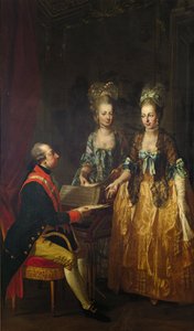 Portret cesarza Józefa II na szpinecie z siostrami Marią Elżbietą i Marią Anną autorstwa Josef Hauzinger
