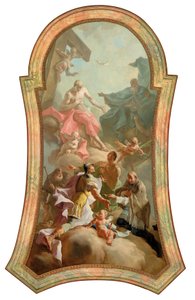 Trójca Święta ze świętymi Rochem, Florianem, Sebastianem i Janem Nepomucenem autorstwa Josef Ignaz Mildorfer