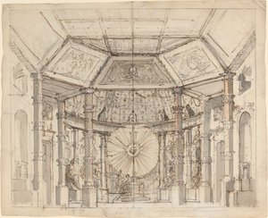 Scenografia do wnętrza świątyni z kopułą z tarczą słoneczną nad ołtarzem autorstwa Josef Ignáz Platzer