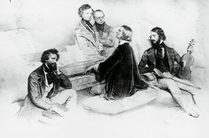 Poranek w domu Liszta, od lewej do prawej, Kriehuber, kompozytor Hector Berlioz (1803-1869), Carl Czerny (1791-1857) Nauczyciel Liszta, Franz Liszt (1811-1866) i skrzypek Heinrich Wilhelm Ernst (1840-1865), Litografia autorstwa Josefa Kriehubera (1800-1876