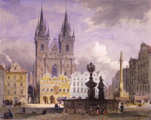 Fontanna Krocín, Praga, 1864 (kolorowa staloryt) autorstwa Josef Vojtech Hellich