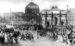 Przedstawienie Przeglądu Wojskowego podczas Pierwszego Cesarstwa Francuskiego w 1810 roku, przed Tuileries. 1862 (olej na płótnie) autorstwa Joseph Louis Hippolyte Bellange