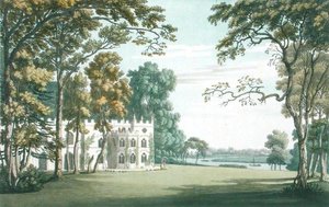 Dom, ogrody i jezioro na Truskawkowym Wzgórzu, rycina J.C. Stadlera (fl.1780-1812), wydanie 1793 (kolorowa rycina) autorstwa Joseph (after) Farington
