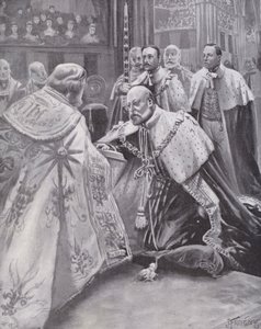 Król Edward VII składa przysięgę podczas koronacji, Westminster Abbey, Londyn autorstwa Joseph (after) Finnemore