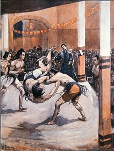 Tradycyjne japońskie zapasy: zapaśnicy sumo prezentujący swoją sztukę na wystawie japońskiej w Londynie w 1910 roku (kolor lito)