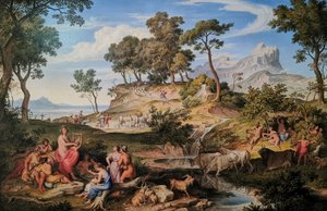 niemiecki: Apollo unter den Hirten Apollo wśród pasterzy
 Apollo wśród pasterzy
 Francuski:  Apollon parmi les bergers Apollo wśród pasterzy autorstwa Joseph Anton Koch