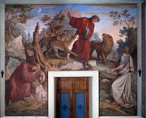 Przedstawienie Dantego i Wergiliusza z Boskiej Komedii Dantego - Detal - Fresk autorstwa Joseph Anton Koch
