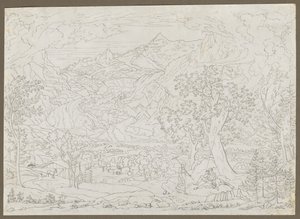 Lodowiec Grindelwald z myśliwą i wieśniaczką na pierwszym planie, ca. 1823. autorstwa Joseph Anton Koch