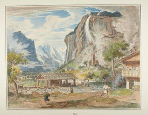 Wodospady Staubbach i góra Jungfrau w dolinie Lauterbrunnen w Szwajcarii autorstwa Joseph Anton Koch