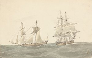 Barkentyna i fregata na wzburzonym morzu autorstwa Joseph Cartwright