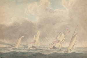 Duas Chalupas de Guerra, Uma Barca e Uma Escuna (?), Proa de Proa, em Mar Agitado; Várias embarcações à vela em Backgroundpolish autorstwa Joseph Cartwright