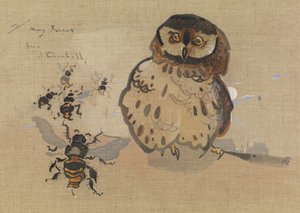 Sowa i pszczółki (gwasz na lnie) autorstwa Joseph Crawhall