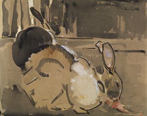 Kaksi kania, yksi syö porkkanaa (pesu ja vartaloväri paperilla) kiillotusaine autorstwa Joseph Crawhall