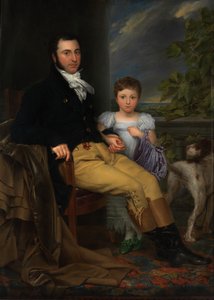 Portret wybitnego dżentelmena z córką i psem myśliwskim (olej na płótnie) autorstwa Joseph Denis Odevaere