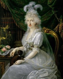 Maria Luiza (Ludwika) Neapolitańsko-Sycylijska (1773-1802), żona Ferdynanda III Toskańskiego, siedząca przy stole, portret do kolan Luizy Marii Amelii Teresy Neapolitańsko-Sycylijskiej, księżniczki Neapolu i Sycylii (1773-1802), wielkiej księżnej małżonki  autorstwa Joseph Dorffmeister