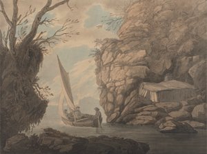 Żaglowiec z trzema mężczyznami opuszczającymi skalistą zatokę autorstwa Joseph Farington
