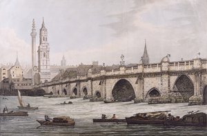 Widok na most Londyński, w tym kościół św. Maga i pomnik, wyryte przez J.C. Stadlera